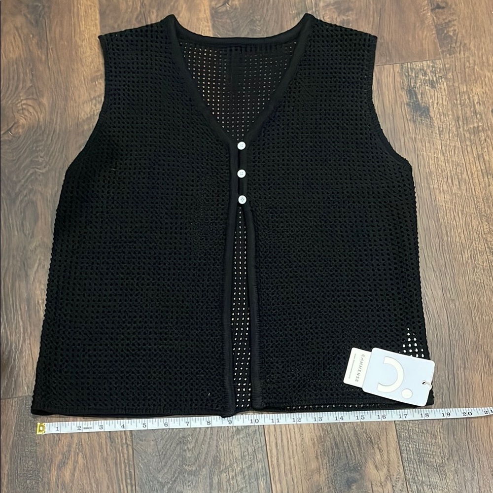 Black Sleeveless Knit Vest with Pearl Buttons